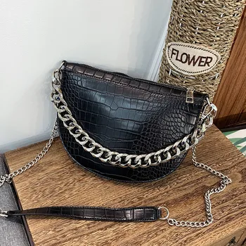 

Fashion Crocodile women Messenger Bags Semicircle Saddle Bags Chain Sling Shoulder bag PU leather Female handbags bolsas Black