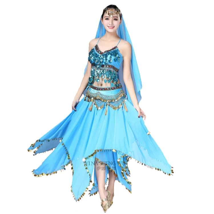Turquoise Египет Для женщин танец живота индийские костюмы для танца живота, Выступления 3 шт./компл. в стиле «Индийский Болливуд», Одежда для танцев, комплект(Топ и юбка из вуали - Цвет: Turquoise