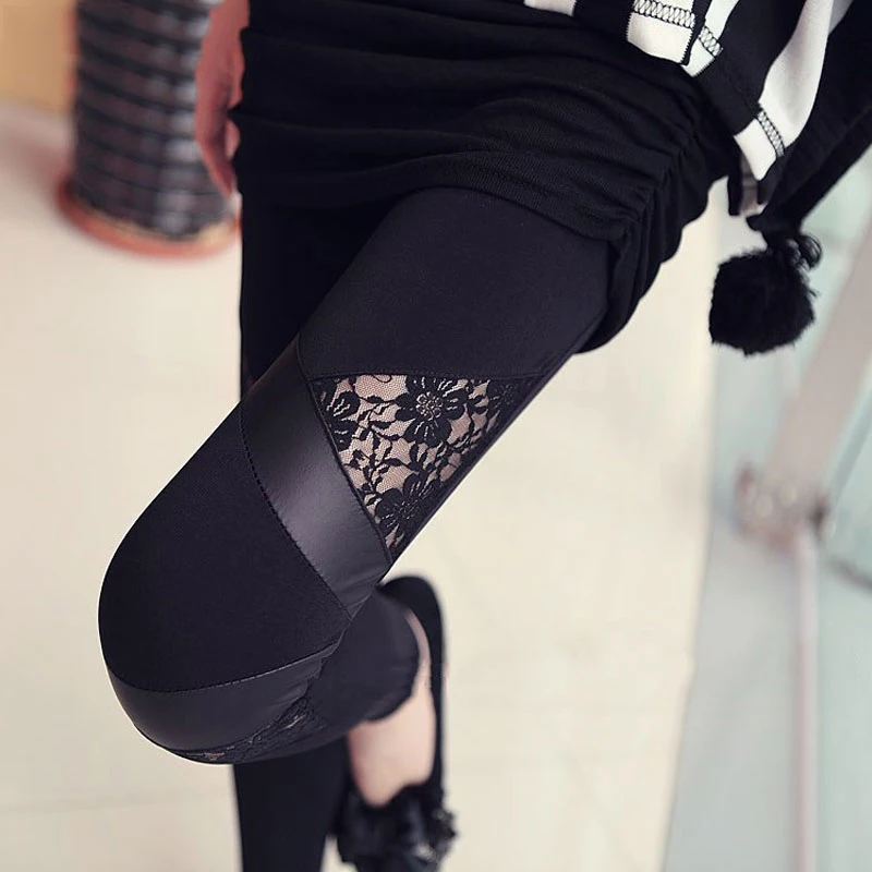 2020 Spring Autumn Leather workout Leggings Hot Charming Warm Cheap Lace legins Sexy PU Leggins Skinny Stretch Splicing Pants