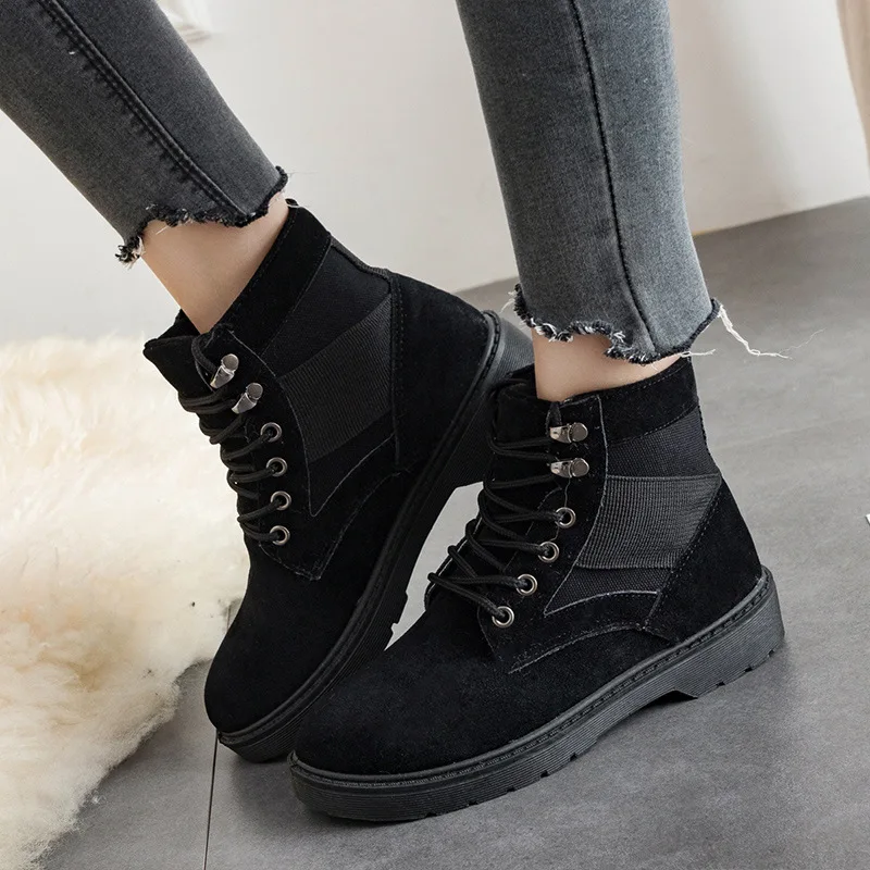 

Ankle Round Toe Low Women Boots Solid Fashion Punk Motorcycle Boots Concise Lace Up Shoes