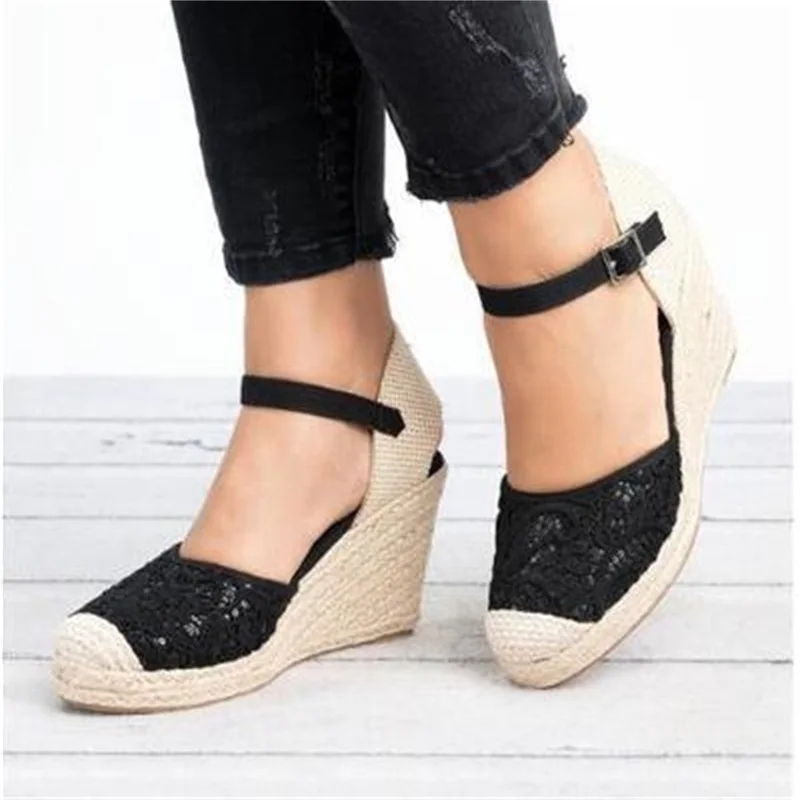 

Women's Mesh Buckle Slope Heel Sandals 2021 Summer Foreign Trade New Baotou Low Top Color Matching Casual Sandals