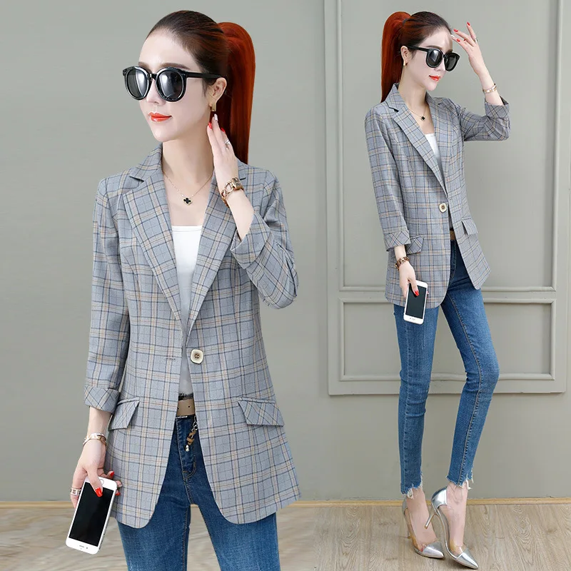 

Korean-style Loose-Fit Suit Jacket Women's 2019 New Style Autumn Versatile Retro Hong Kong Flavor Graceful Plaid Blazer