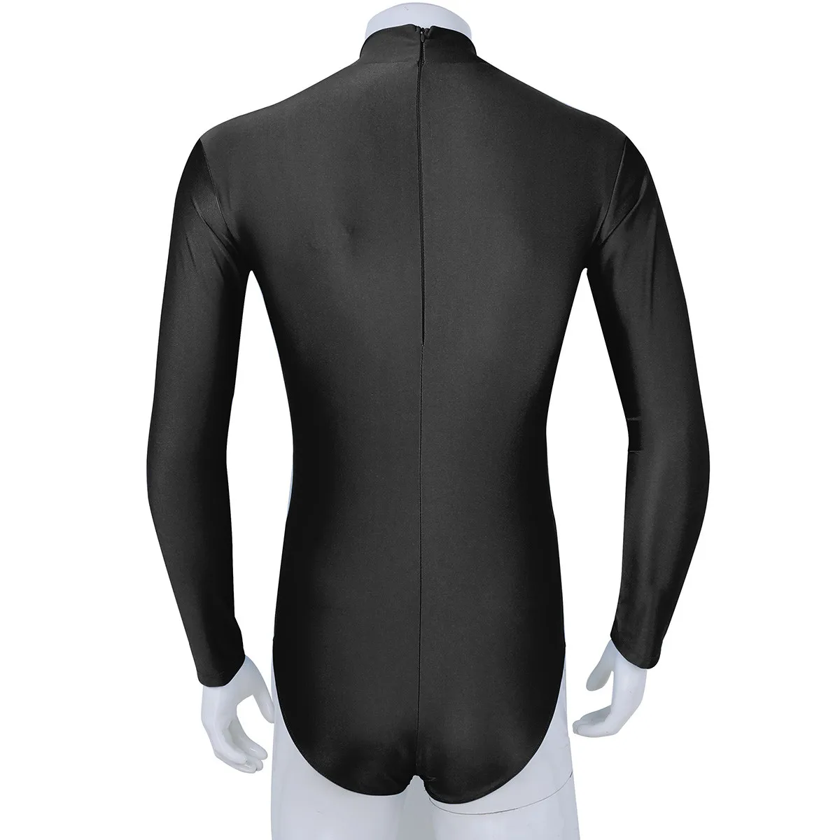 Mens One-piece Swimsuit Long Sleeve Stand Collar Stretch Solid Cosplay Costume Leotard Bodysuit Jumpsuit