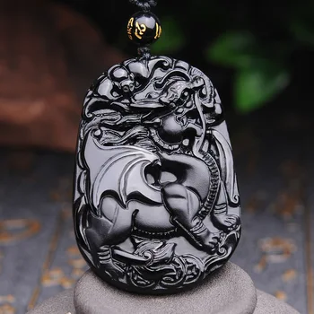 

Natural Obsidian Flying Apsaras Pixiu Pendant Necklace Charm Jewellery Carved Amulet Fashion Accessories Gifts for Women Men