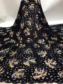 

New Black Gold Nigerian Lace Fabric 2020 High Quality Sequin Velvet Lace Fabric Embroidered Tulle African Velvet Lace Fabric