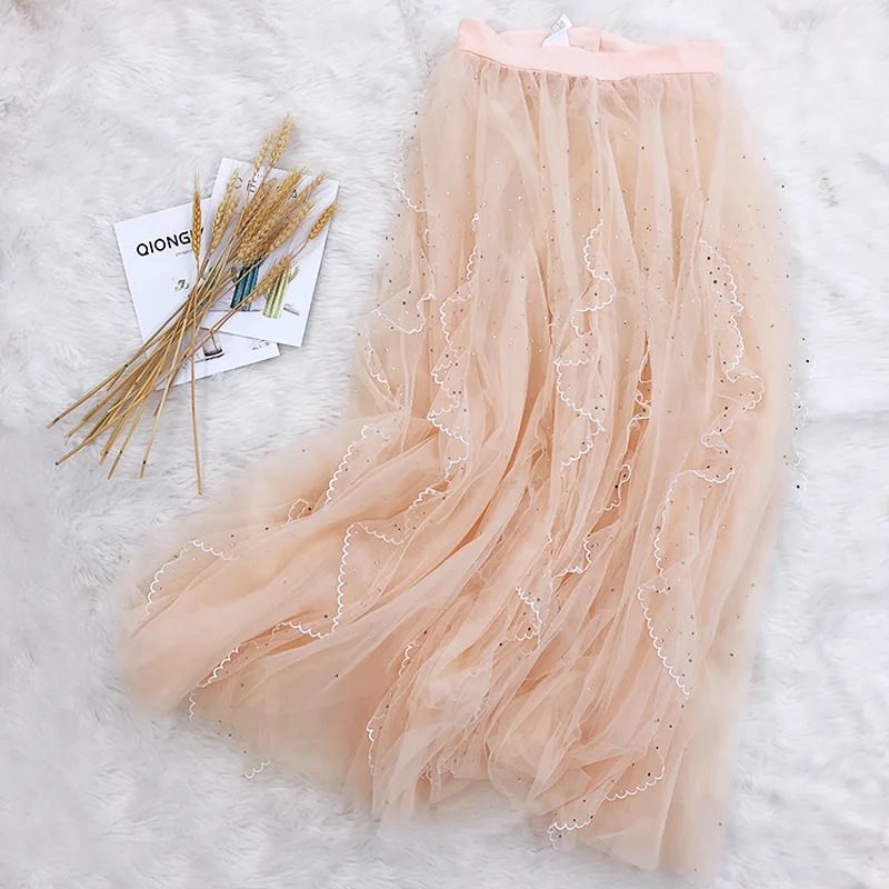 

Spring And Summer New Style France Non-mainstream Xian Qi Mesh Dress Embroidered Gauze Embroidered High-waisted Big Hemline Fair