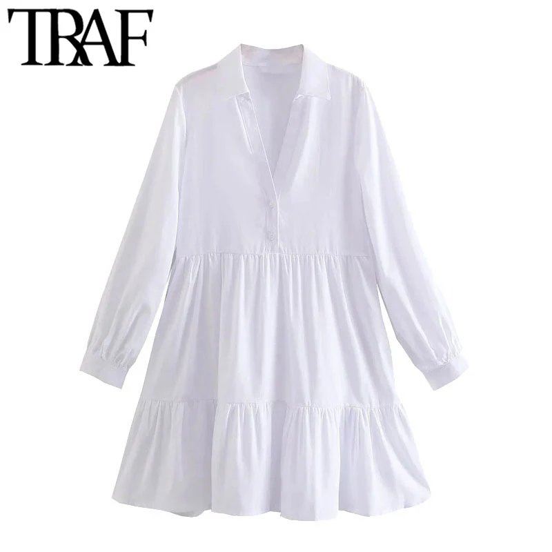 TRAF-minivestido blanco con dobladillo y volantes para Mujer, vestido Vintage de manga larga con botones