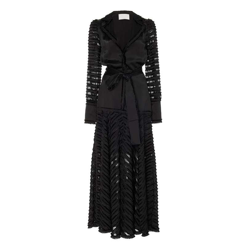 TVVOVVIN Bowknot Patchwork Dress Women Notched Long Sleeve High Waist Lace Up Plus Size Maxi Dresses Female Autumn New L674