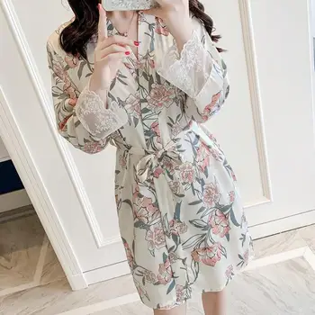

Sexy Lace Women Robe Stain Kimono Gown Sleepwear Female Nightwear Nightgown Loose Bathrobe Gown Elegant Intimate Lingerie