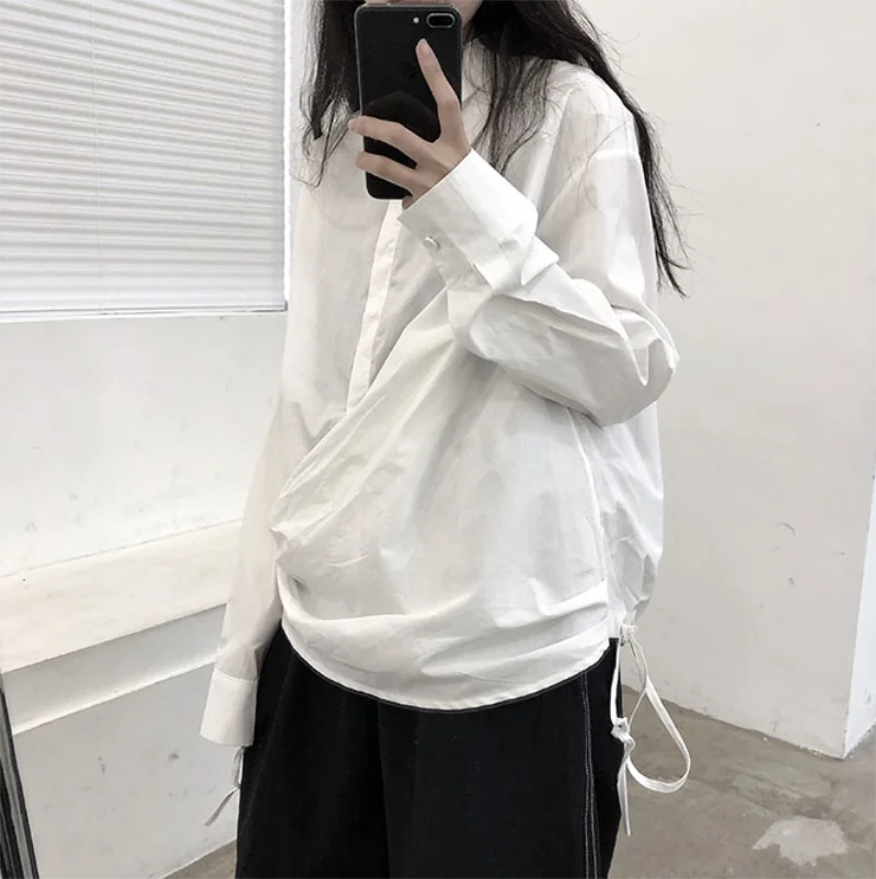 Autumn ladies new square collar solid color drawstring design sense long sleeve shirt youth loose fashion trend