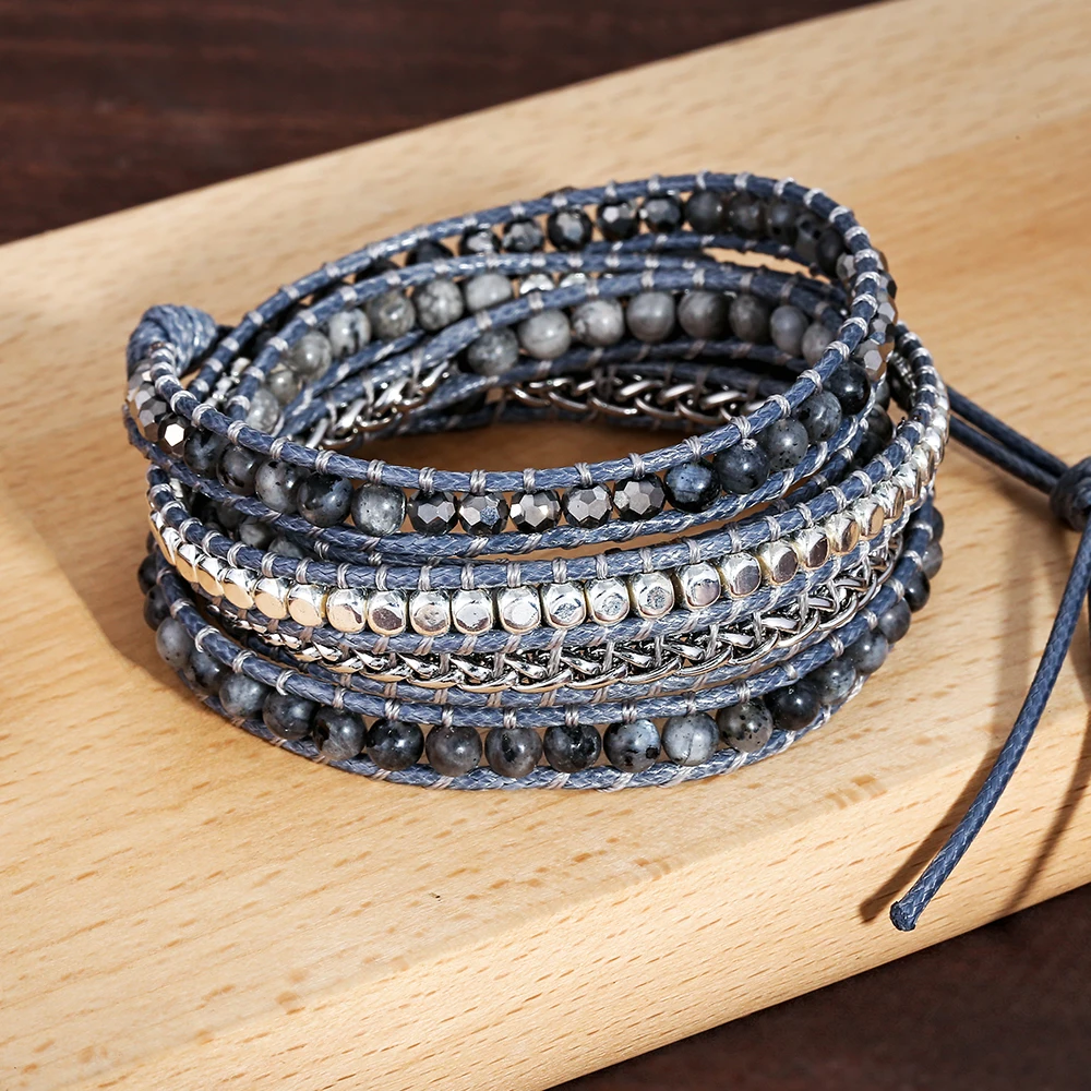 Natural Labradorite Wrap Bracelet - Handmade Grey Wax Rope  Stainless Steel Adjustable Boho Jewelry