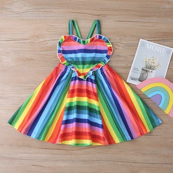 

2020 Fashion Rainbow Summer Girl Dress Heart Pattern Polyester Kids Dresses for Girls Striped Colorful Children Clothes Dropship
