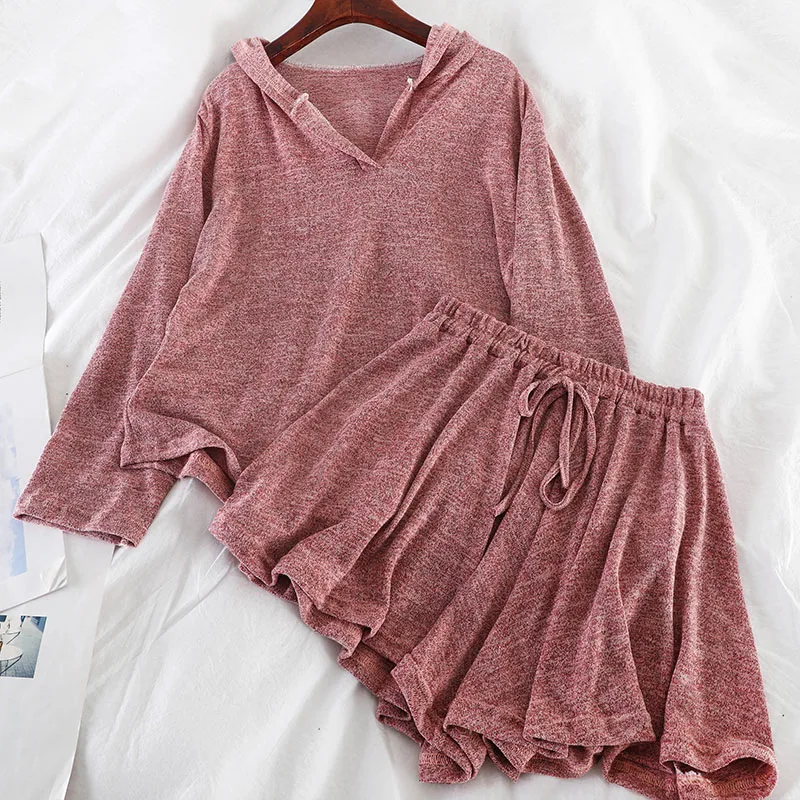 

Women 2 Pieces Set Casual Loose Korean Simple Hooded V Neck Tshirt High Waist Wide Leg Short Pants Female Sport Two Piece Suits