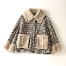 Cthink, хорошее качество, 98% шерсть, обычное Женское зимнее пальто, натуральный мех, отложной воротник, пэтчворк,, новинка, модное клетчатое пальто, стильное