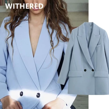 

Withered ins fashion blogger double breasted oversize vintage blue blazer women blazer mujer 2020 women blazers and jackets tops