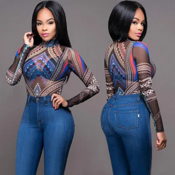 

Women's Ribbed Long Sleeve Print Jumpsuit Sheer See Through Bodycon Bodysuit Leotard Playsuit Outfit Tops Sunsuit Clubwear