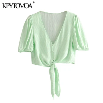 

KPYTOMOA Women 2020 Fashion Polka Dot Bow Tie Cropped Blouses Vintage V Neck Puff Sleeve Female Shirts Blusas Chic Tops