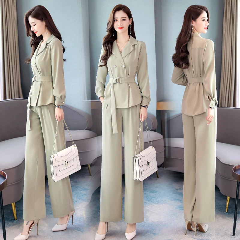 

Two Piece Set Women long Sleeve Tops With Belt+pants trousers Sets 2019 Spring Autumn Office Elegant 2 Piece Set Women's suits