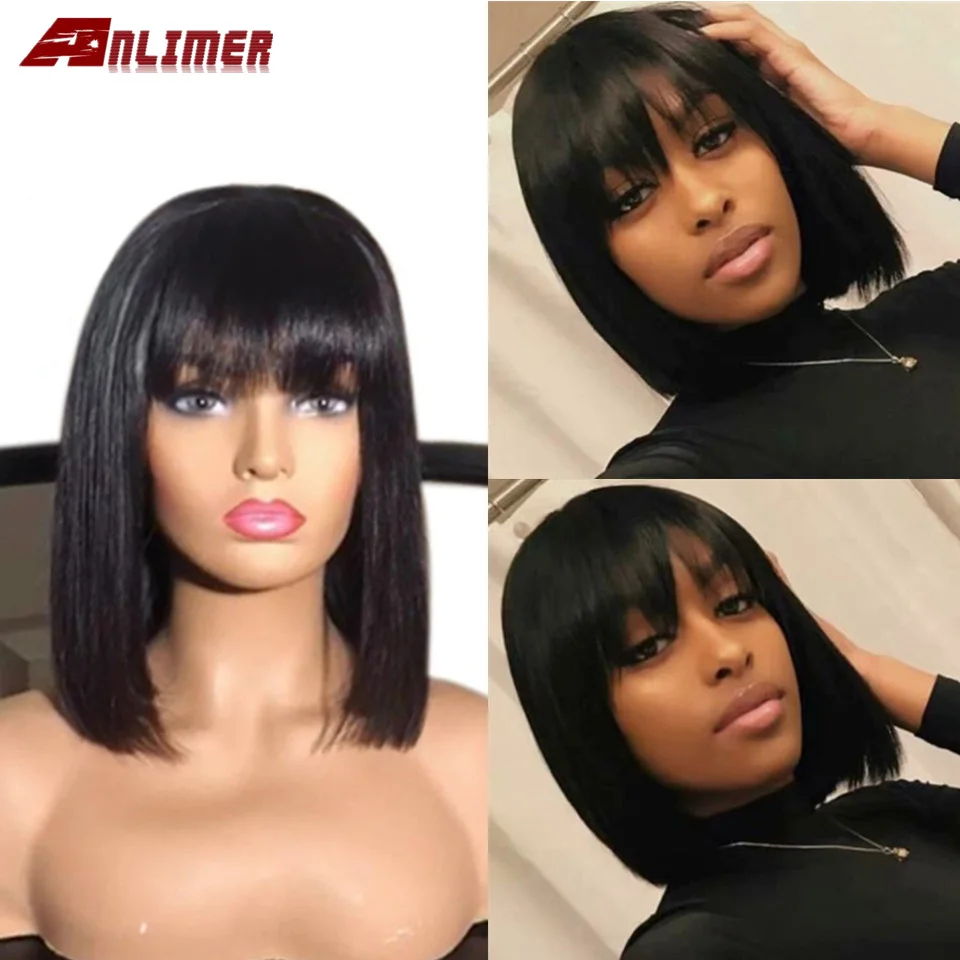 Anlimer Bob Cut 13X6 кружевные передние короткие парики из человеческих волос с челкой предварительно сорванные бразильские Реми прямые волосы для женщин