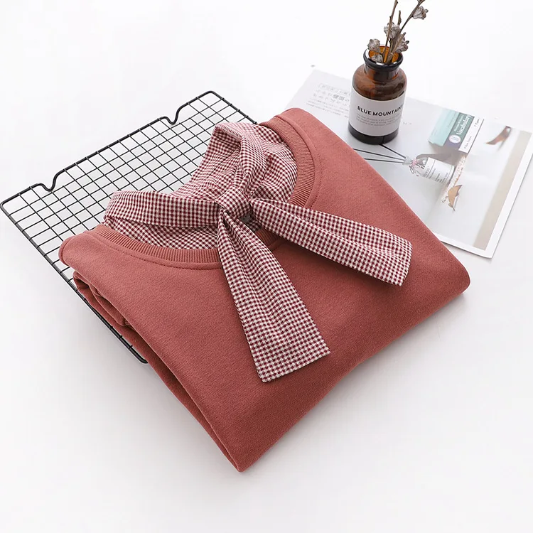 KYQIAO women pullover mori girls autumn spring Japanese Harajuku style bow long sleeve plaid patchwork sweatshirt tops