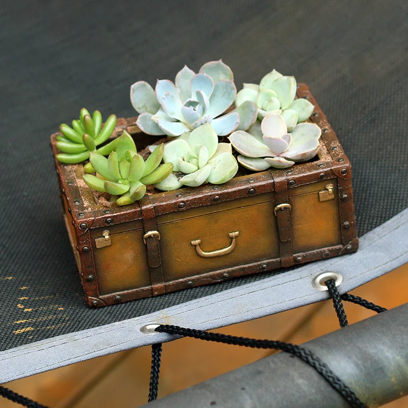 1pc Retro Portable Resin Suitcase Flowerpot Succulent Plants Planter