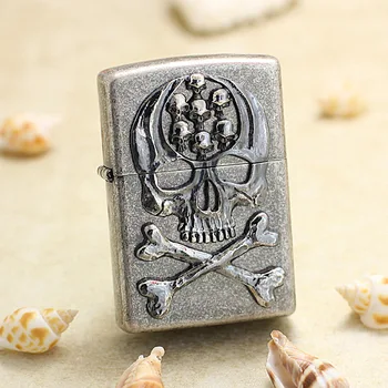 

Genuine Zippo oil lighter copper windproof Antique Silver Skull carving cigarette Kerosene lighter Gift anti-counterfeiting code