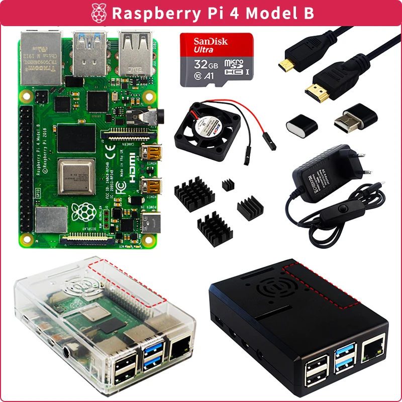 Raspberry Pi 4 2GB/4GB/8GB RAM Kit + ABS Case + SD Card + Power Adapter + Heat Sink + Video Cable for Raspberry Pi 4 Model B