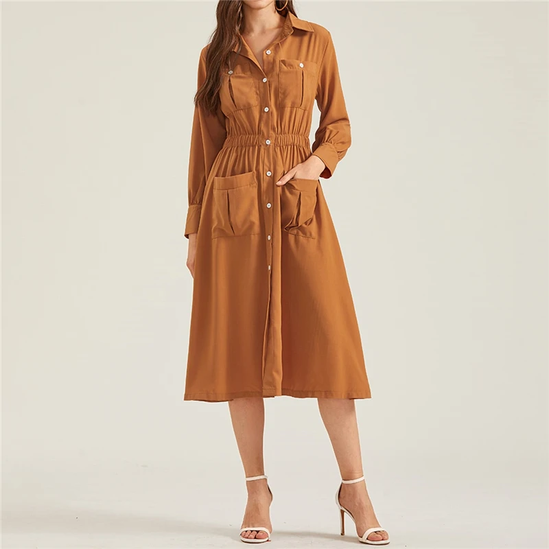 Sheinside Camel, элегантное женское платье-рубашка со сборкой на талии, осень, на пуговицах, с карманами, для офиса, для девушек, платье трапециевидной формы