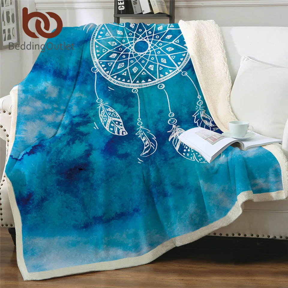 BeddingOutlet Soft Velvet Plush Throw Blanket Watercolor Dreamcatcher Sherpa Blanket for Couch Blue and Pink Throw Travel
