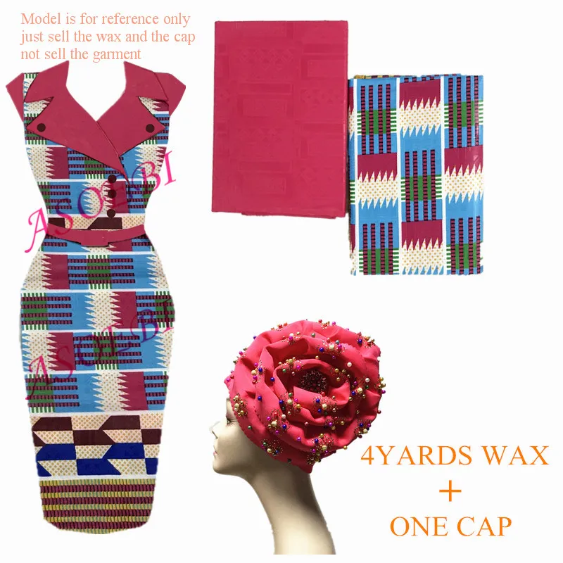 Новое поступление ASO EBI Африканский принт Анкара воск Кенте воск 4 ярдов с Африканский тюрбан кепки соответствующие