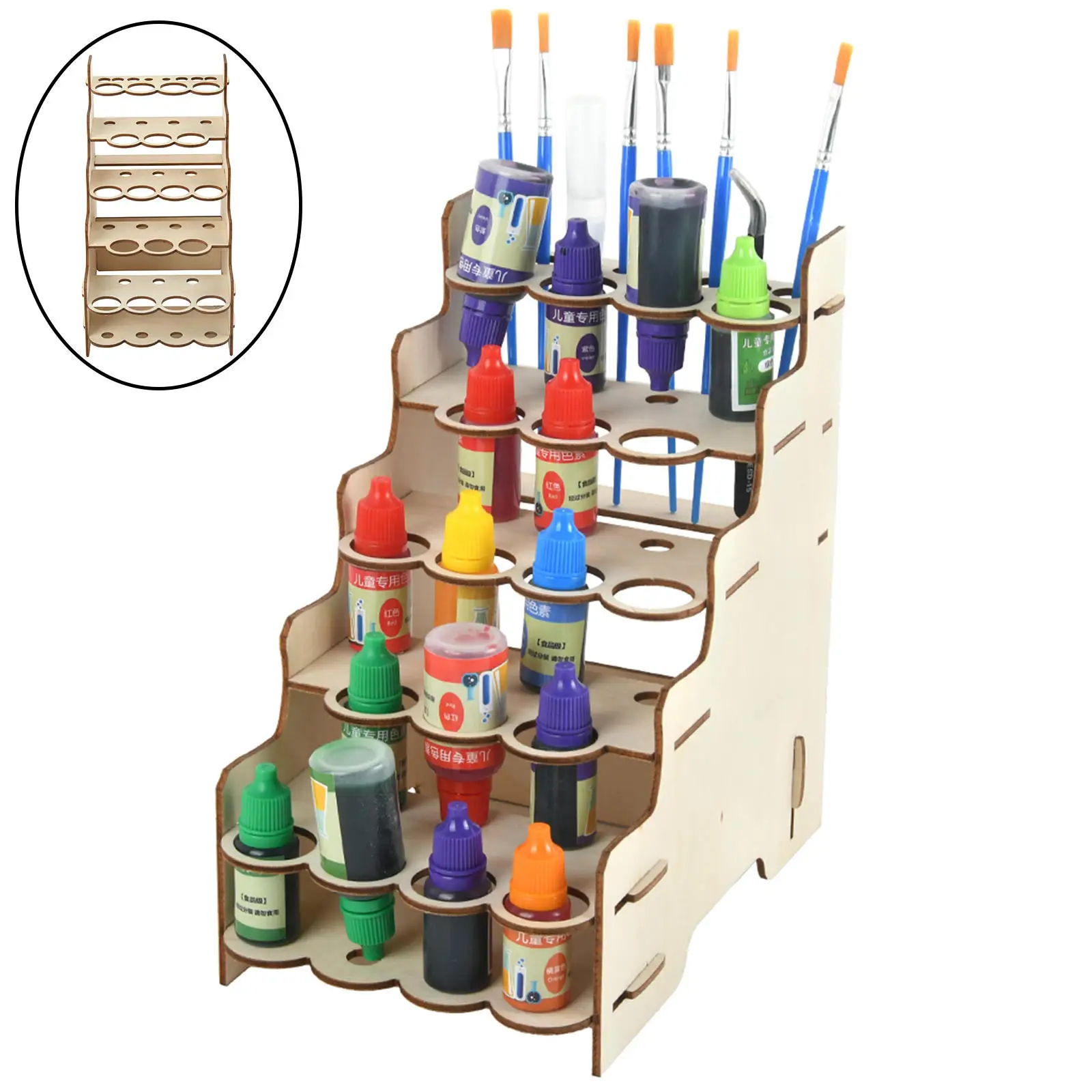 Basics Craft Paint Brush Organizer Rack Holds Bottles Brushes Wood Finish