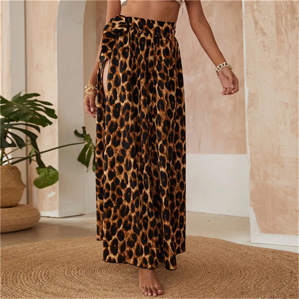 CHYAOWU Summer Bohemian Sexy Leopard-Printed Beach Outing Leisure Vacation Split Long Skirts Women Beach Wimsuit Beach Cover Up