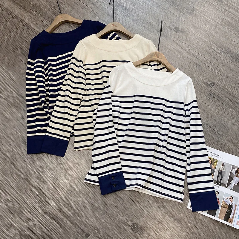 

Women Long Sleeve Slash Neck Cotton Stripped T Shirt Contrast Tops Tees S-XL