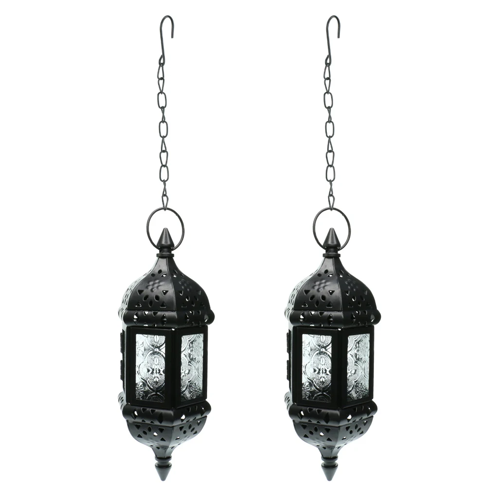 2PCs Moroccan Style Metal & Glass Teal Light Candle  Hanging Lantern Candleholder For Wedding Home Coffee Shop Decor (Black)