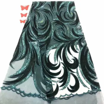 

Green Gold Latest African Velvet Lace Fabrics High Quality 2020 Nigerian Lace Fabric with Sequins Sequence Lace for Women Dress