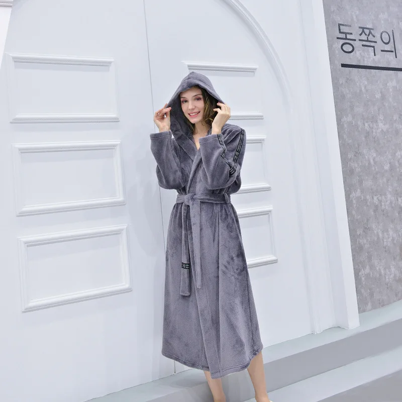 Ночной халат, ночное белье, осенне-зимний фланелевый Халат больших размеров, для мужчин и женщин, бархатная панель, длинный толстый банный халат, одежда для сна - Цвет: Hooded Gray