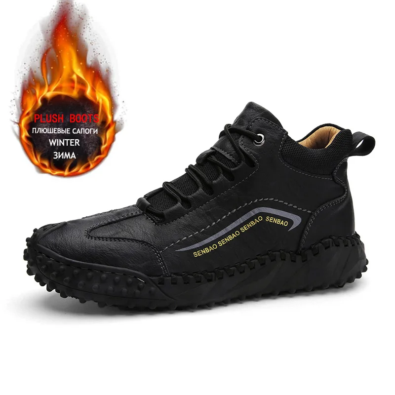 Winter Waterproof Mens Leather Boots Plush Warm Mens Snow Boots Outdoor Men Work Boots Mens Motorcycle Boots Roman Hombre