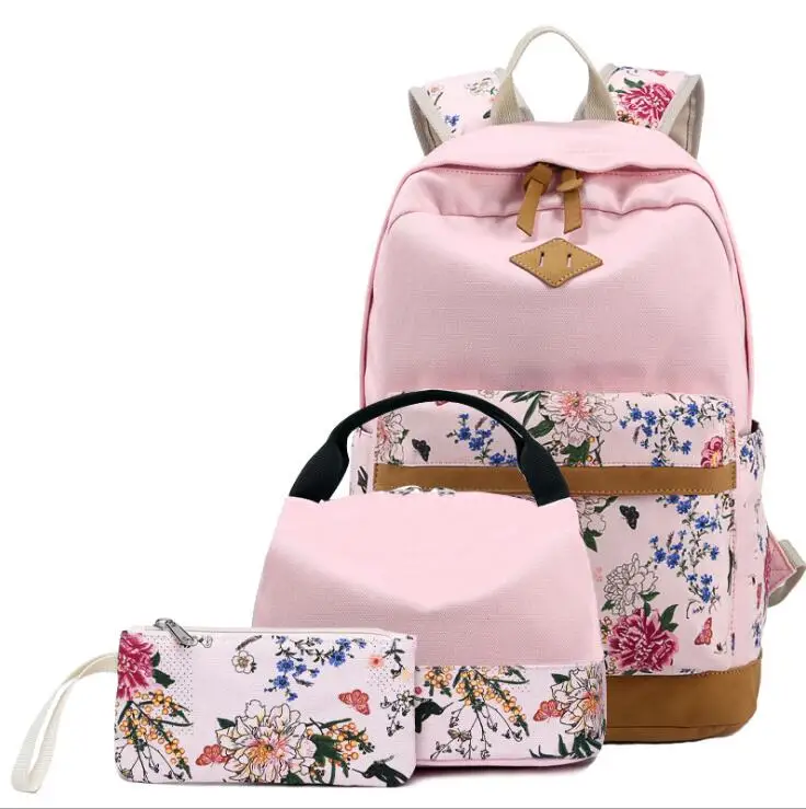 

3pcs/set Women Backpacks Floral Canvas Printing Backpack Schoolbag Teenager Girl Rucksack for Lunch Box