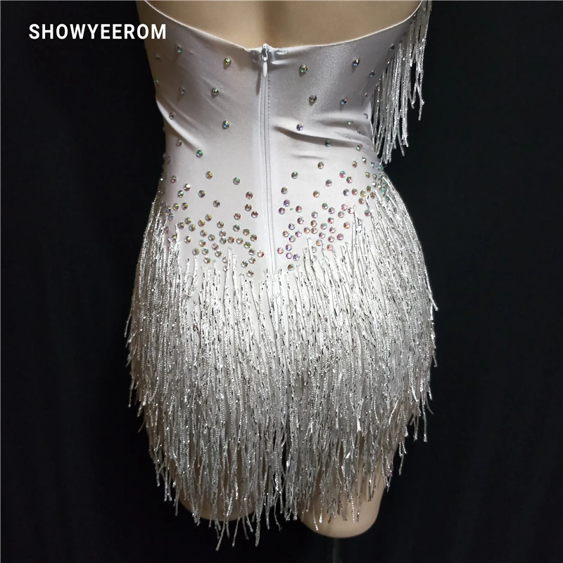 white Sparkly Rhinestones Tassel Leotard Nightclub Dance DS Show Stage Wear Stretch Bodysuit Party Female Singer Outfit