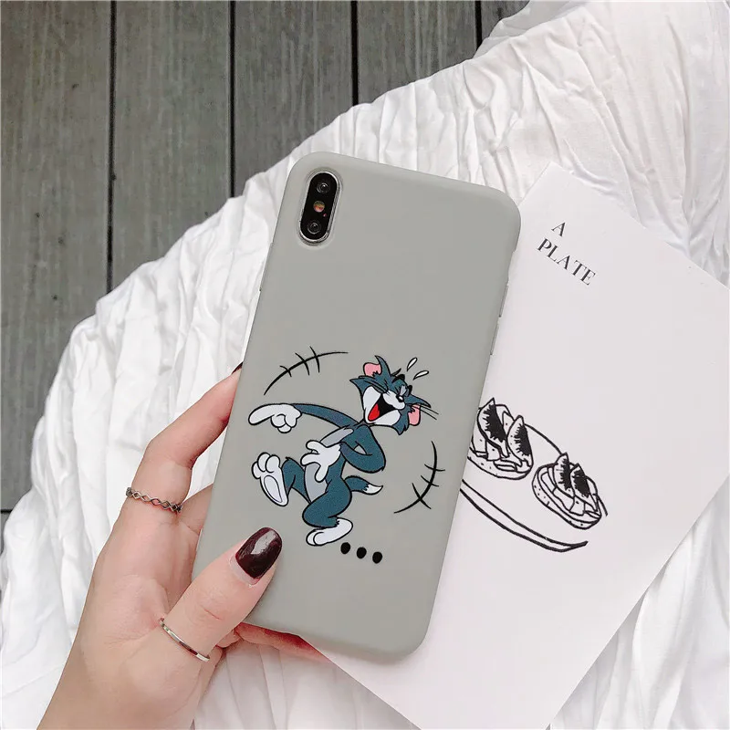 Забавный матовый чехол для телефона для iPhone 11Pro X XS Max XR 6 6S 7 8 Plus милый мультяшный Кот и мышь Мягкий ТПУ силиконовый защитный чехол s - Цвет: Gray