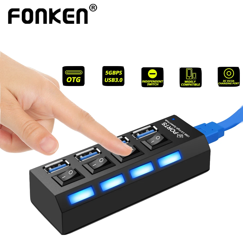 FONKEN usb-хаб 3,0 переключатель светодиодный дисплей 4 порта расширитель 5 Гбит/с хаб клавиатура концентратор разветвитель адаптер для настольный компьютер, принтер планшет мышь