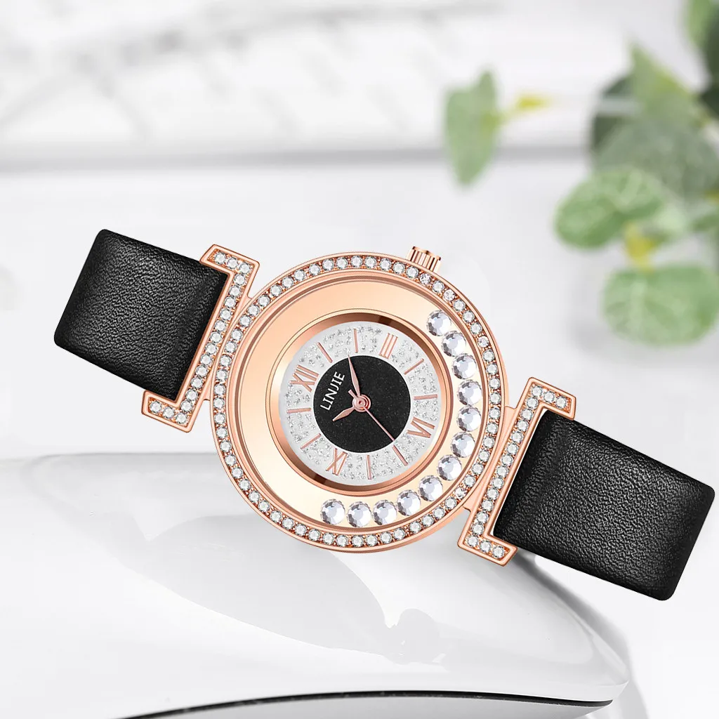 

LINJIE Watches for women luxury diamond Fashion Simple Flow Bead Dial Leather Band Ladies Quartz Watch Clock Relogio Feminino W3