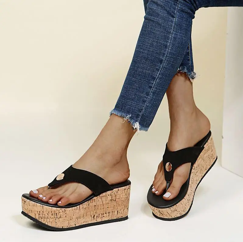 Plus size women’s beach wedge sandals with platform sole and open-toe summer design black