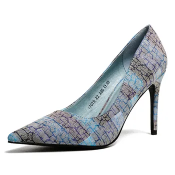 

2019 Spring Pumps European Pointed High-heeled Shoes Fashion Shallow Pattern Color Matching Shoes Woman Party OL Office Shoes