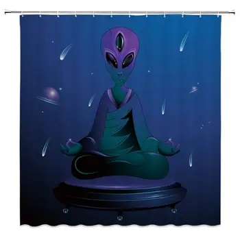 

Alien Shower Curtain Fantasy Creatures Futuristic Friendly Big Eyed Extraterrestrial Creatures Fabric Bathroom Curtain Set 71x71