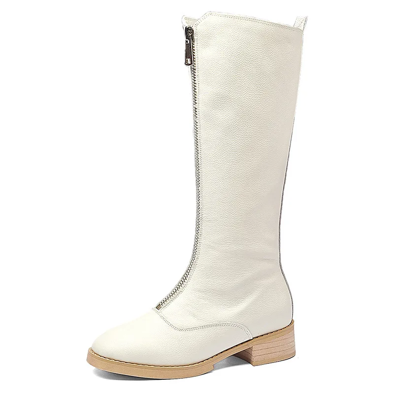 

New Genuine Leather Fashion High Help Women's Boots Autumn Winter Zipper Design White Casual Comfortable Soft Knight Martin Boot