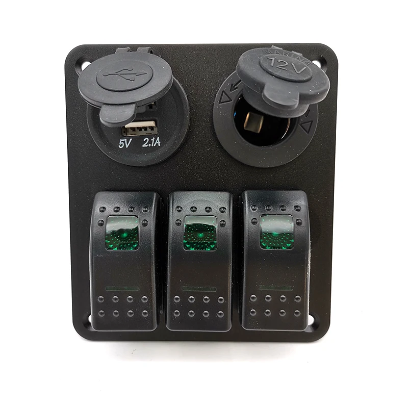 

3 Gang Rocker Switch Panel Circuit Breaker Dual USB Green LED For RV Car Marine Boat