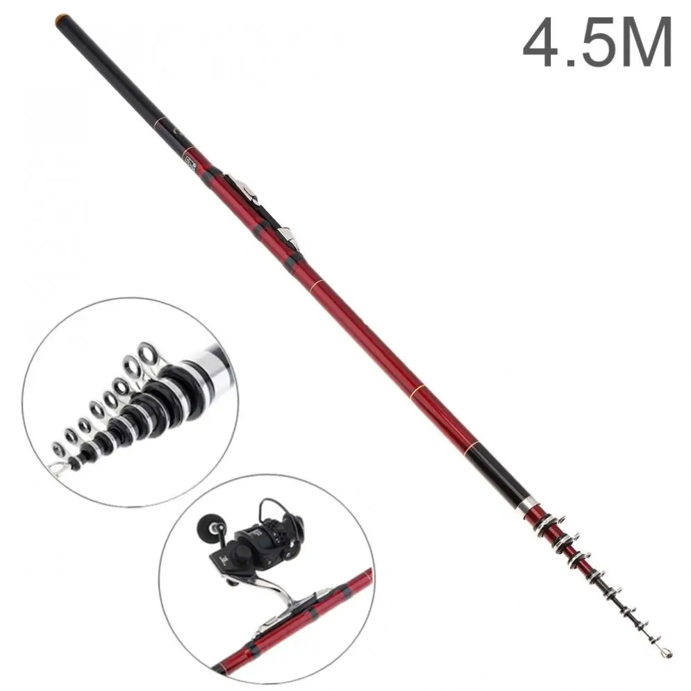 

4.5m Black & Red Telescopic Rock Carp Fishing Rod 8 Section Carbon Fiber Surf Spinning Pole