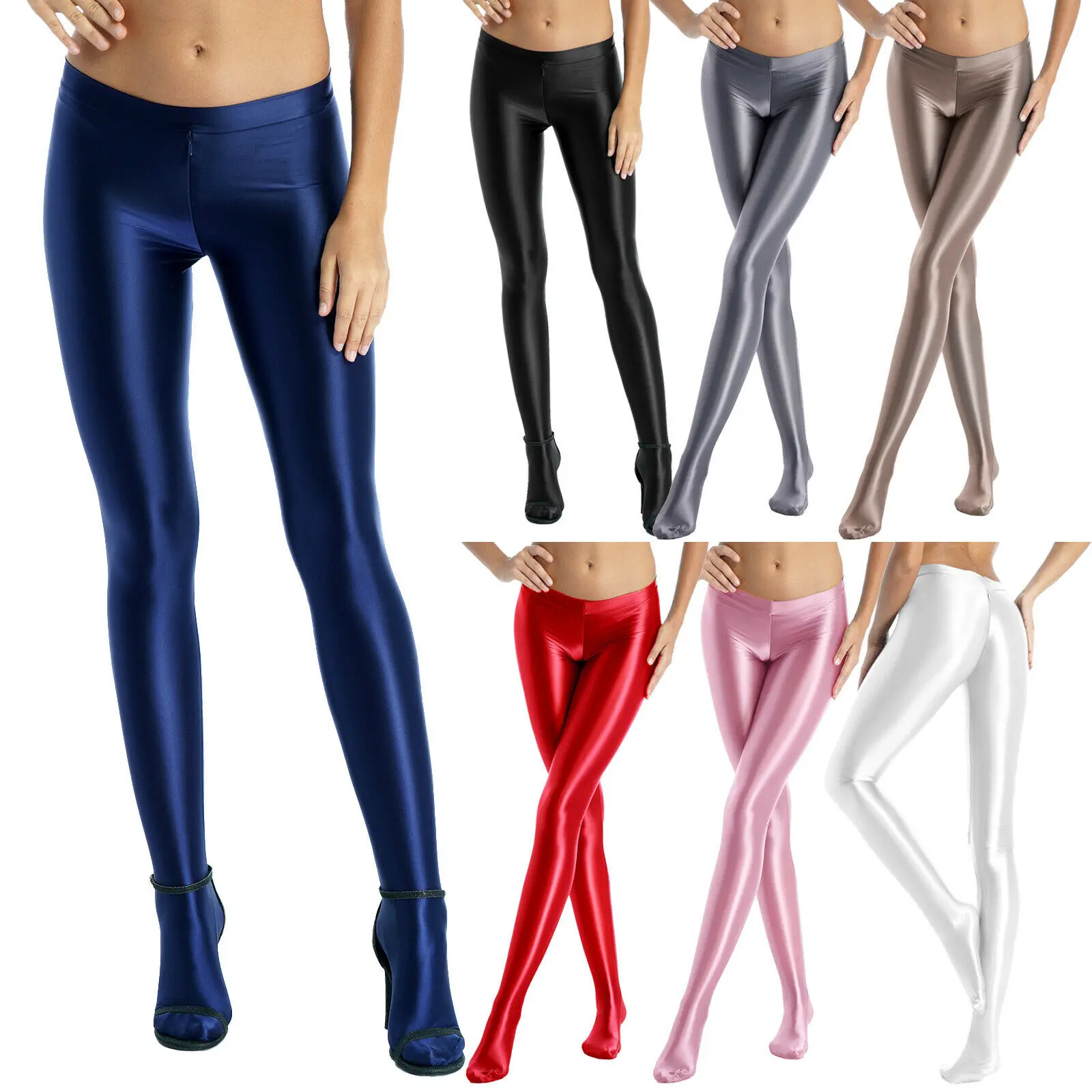 

Sexy Women Glossy Stretchy Pantyhose Zipper Crotch Sport Fitness Rave Dance Tights Pants Mid Waist Leggings