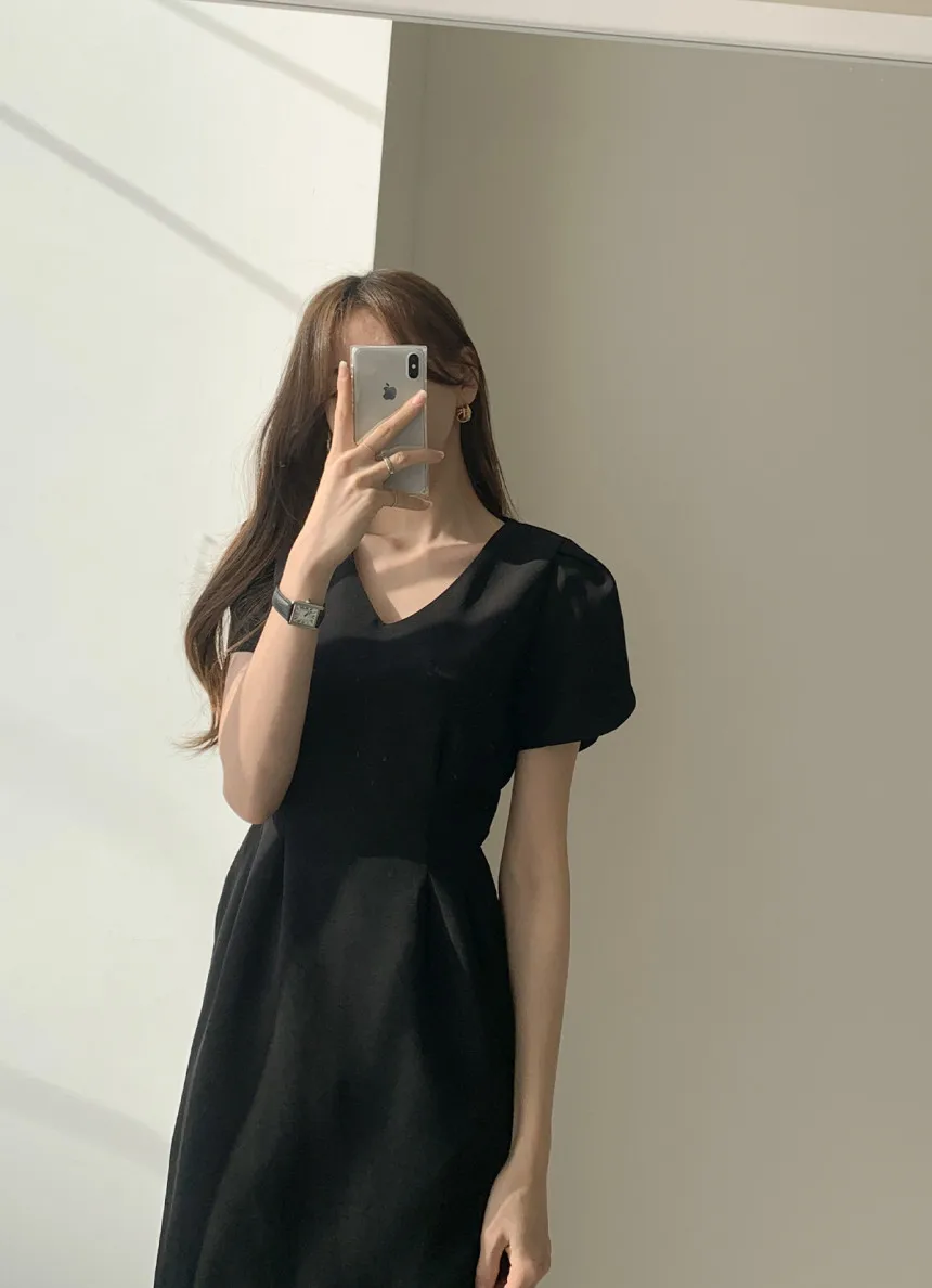 Woherb Korean Chic Women Dress Short Sleeve Casual V-Neck Elegant Office Lady Dresses 2020 New Slim Waist Robe Vestidos Mujer